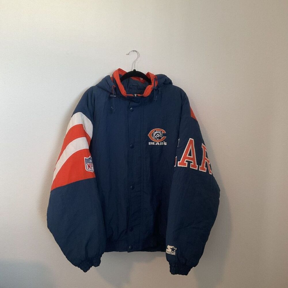 Vintage 90s Starter Chicago Bears Puffer Jacket Hooded NFL Spell Out Navy XL